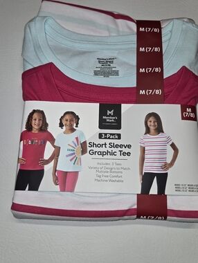 Girls' 3-Pack Short Sleeve Graphic Tee - Pink, Light Blue, White